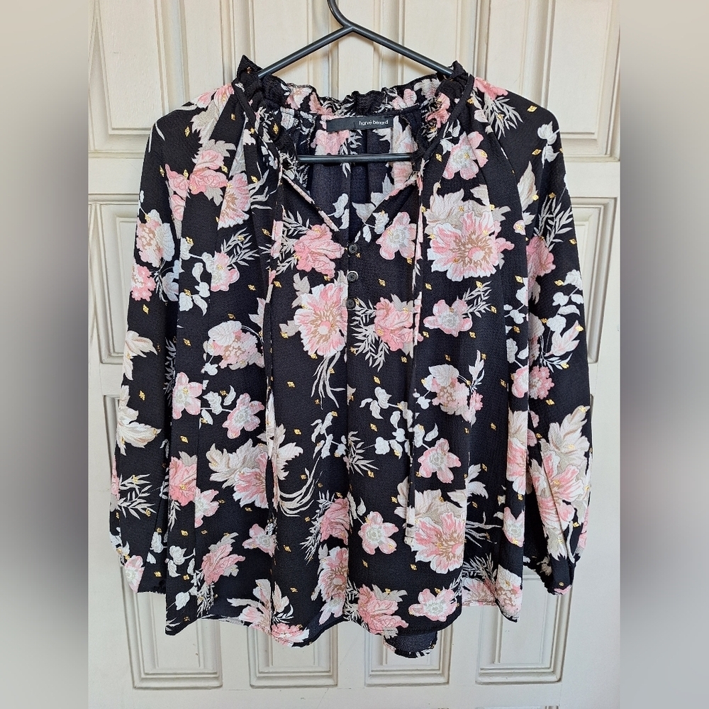 Harve' Benard BOHO Blouse SzS Blk/Floral Gold Flex Drawstrings Long Puff Sleeve